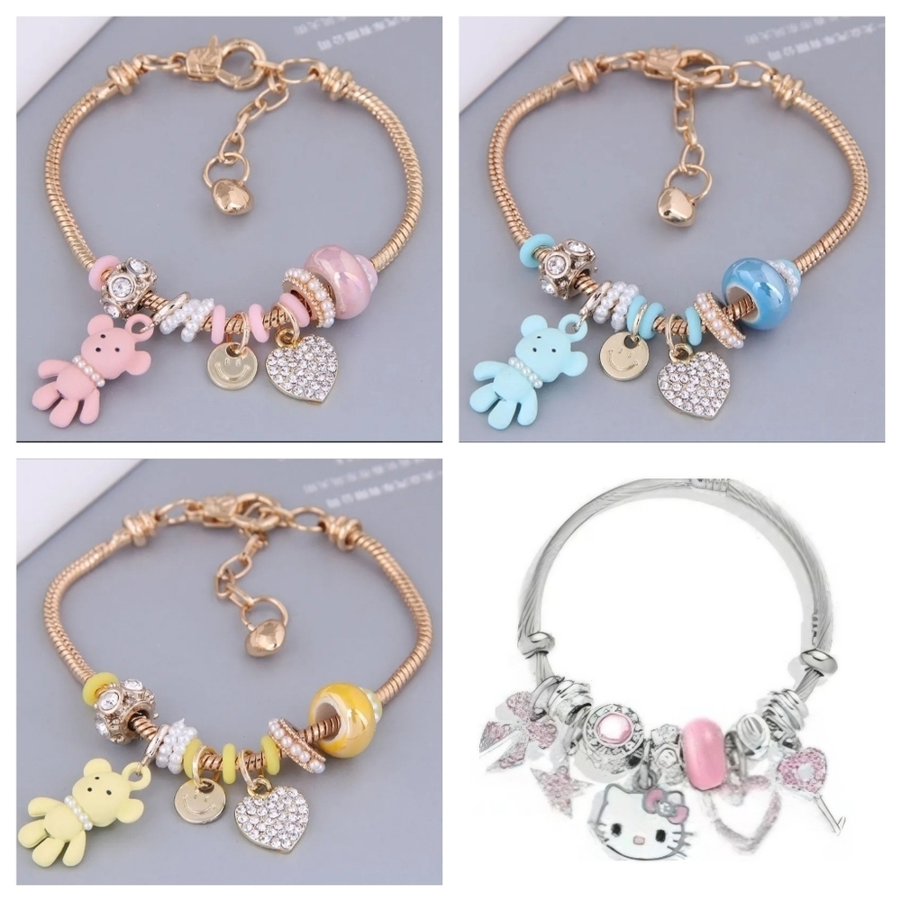 Heart and Teddy Bear Charm Bracelet Pink Zircon Heart Charm - Picture 10 of 12